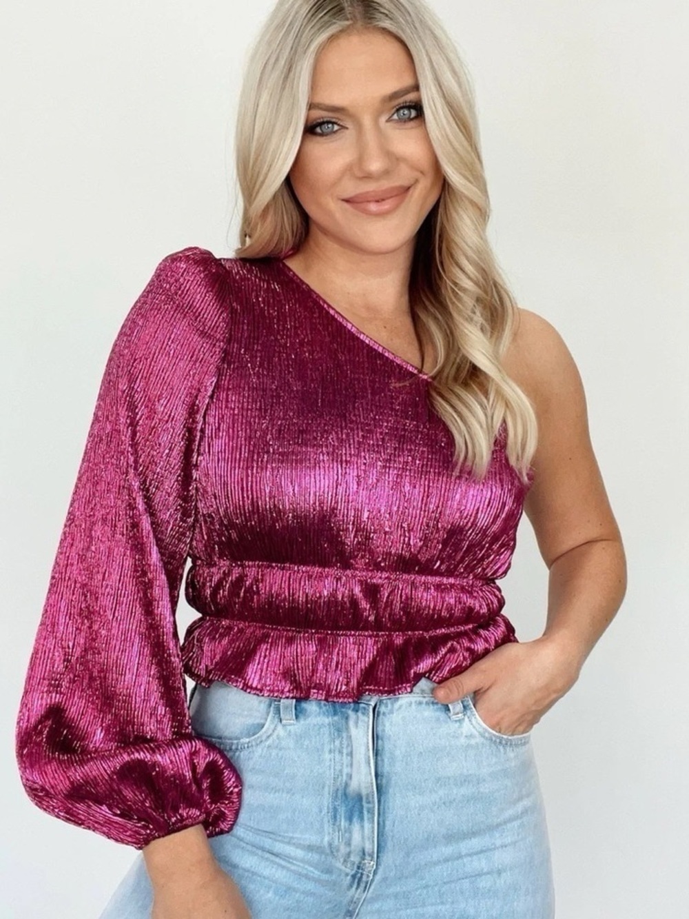 Lane 201 Boutique Metallic Pink Ruffle One-Shoulder Crop Top